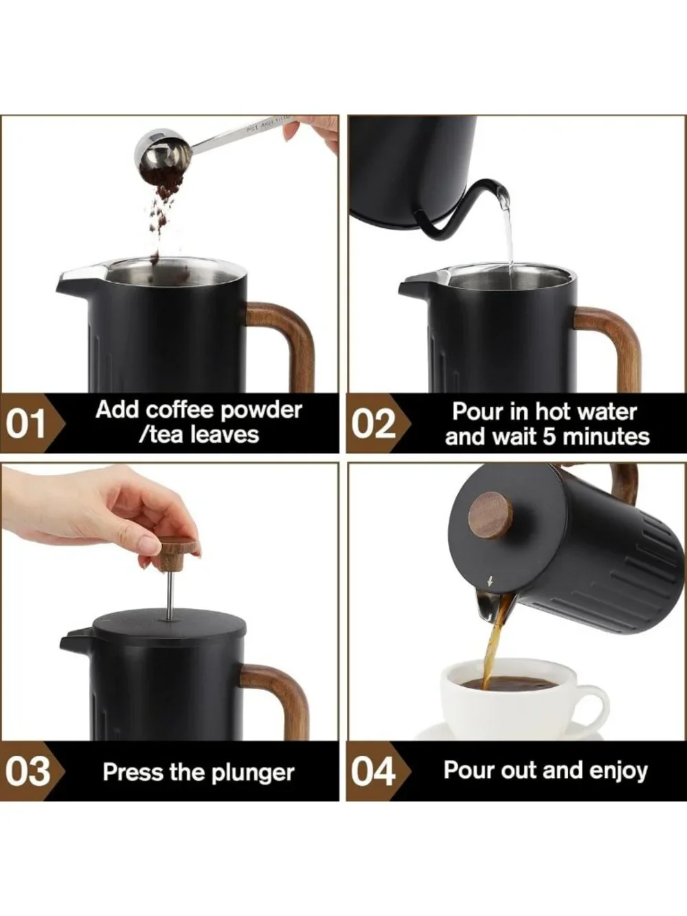 34oz Stainless Steel French Press Coffee Maker - Double Wall Insulated, Black